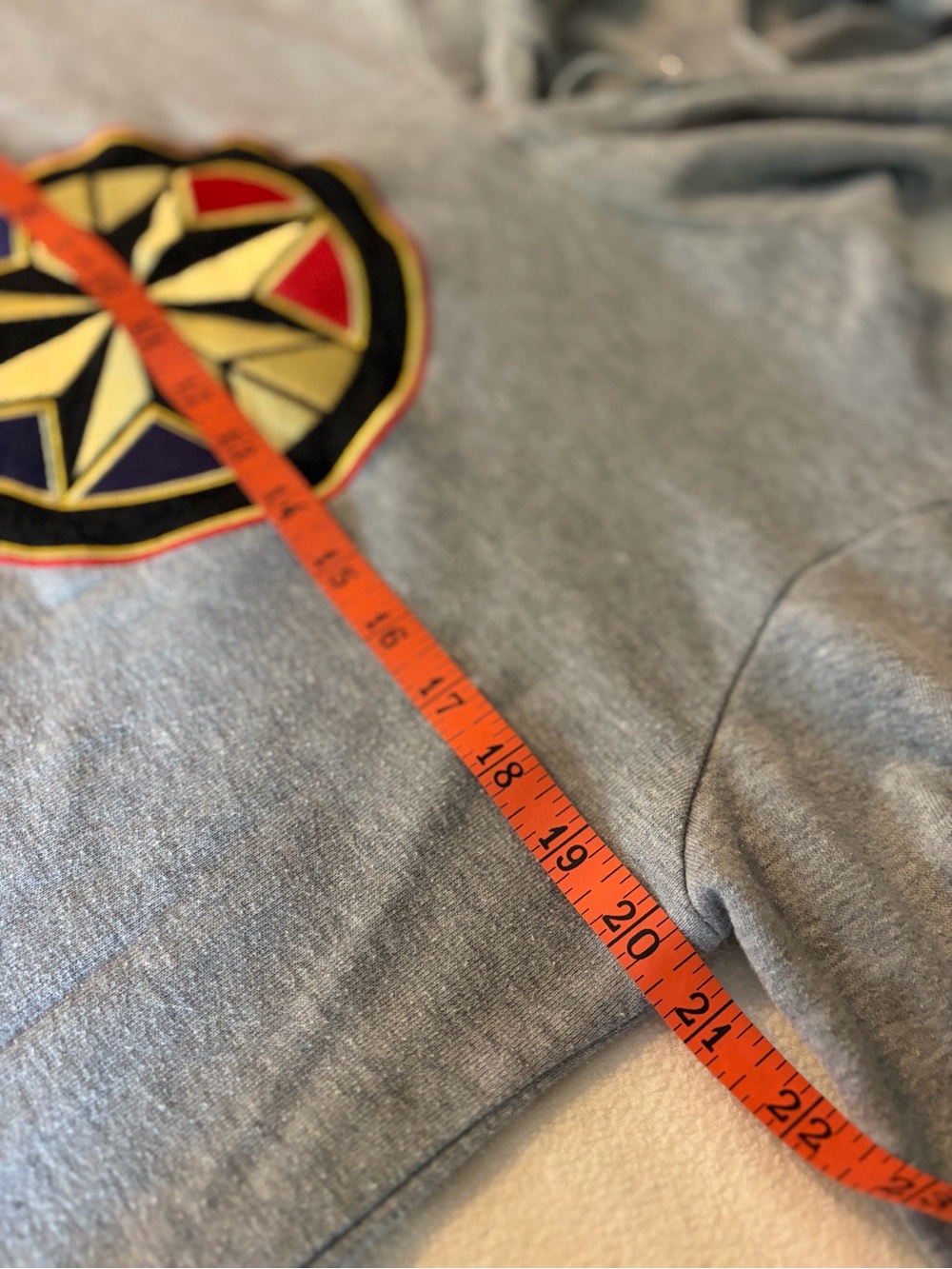 Captain Marvel Gray Crewneck Hoodie with Multicolor Embroidered Star Emblem Lg - Picture 6 of 8